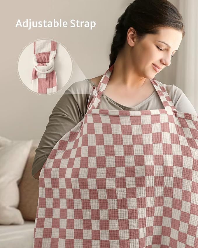 Blissful Diary Muslin Nursing Cover for Breastfeeding, Breathable Breastfeeding Cover up with Arch Neckline for Women, Nursing Apron (Dusty Pink Checkboard)