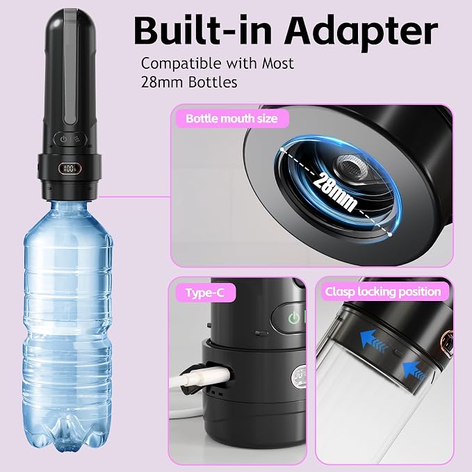 Electric Portable Bidet for Travel, Rechargeable for Women Postpartum, Period & Hygiene | 3 Pressure Modes, 260 Uses/Charge, IPX7 Waterproof, Foldable & Compact, Standard Bottle Fit, USB-C Charging, Black