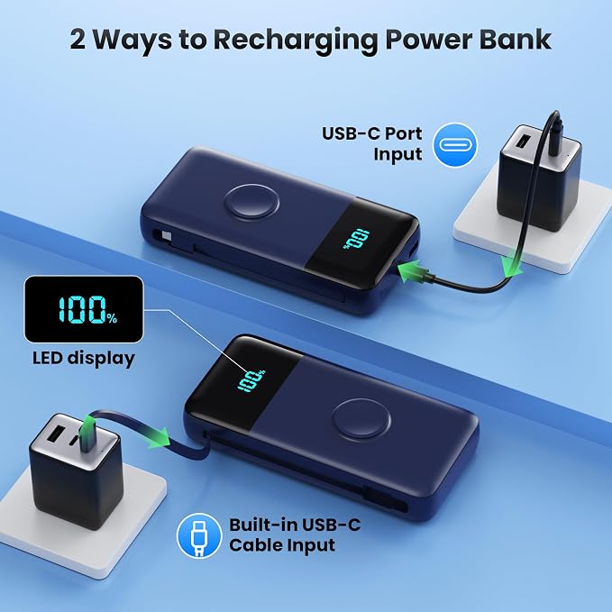 Portable Charger Power Bank 40800mAh with Built-in Cables,25W Fast Phone Charging Portable Battery Pack,5 Outputs Travel Essentials Outdoor External Battery for iPhone 17/16,Galaxy Android etc-Blue