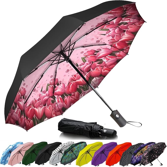 SIEPASA Compact Travel Umbrella - Windproof Auto Open/Close, Small Folding Umbrella for Rain & Sun with UPF50+ - Lightweight Frame, Waterproof - Fits Backpack, Purse, Suitcase.(Tulip)
