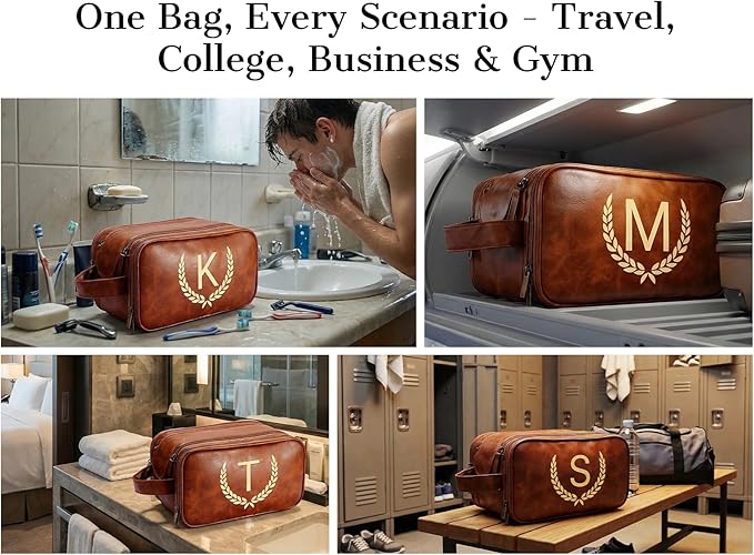 OXYEFEI Personalized Gifts for Men, Personalized Large Toiletry Bag for Men,Custom PU Leather Waterproof Mens Toiletry Travel with Initial Essential Dopp Kit Shaving Bag (H, Light Brown)