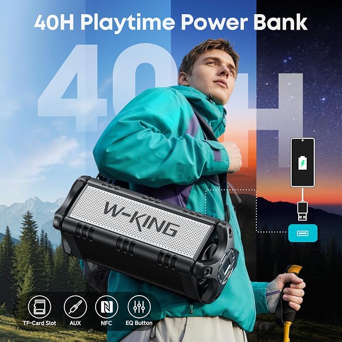 W-KING Bluetooth Speaker Loud, 90W Max IPX6 Waterproof Portable Outdoor Speaker, 50W Deep Bass Subwoofer/40H/EQ/Dual Pairing/TF/AUX, Large Boombox Wireless Speakers for Home, Party, Camping, Beach