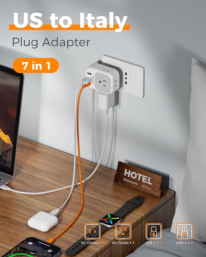 TESSAN Italy Travel Plug Adapter 2 Pack, Italy Power Adaptor with 4 Outlets 3 USB Charger(1 USB C PD 20W), Type L Adapter for US to Chile Libya Syria Tunisia Uruguay