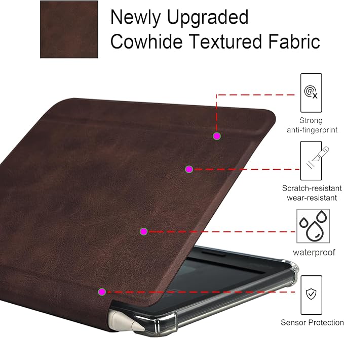 Folio Leather Case for 7" Kobo Libra Colour (2024) eReader - Ultra-Thin Enhanced Auto Sleep/Wake Cover with Transparent TPU Back, Magnetic Closure, Stylus Holder (Cowhide Brown)