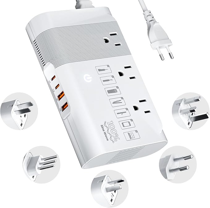 DOACE 220v to 110v Voltage Converter for European Travel: Max 500W Pure Sine Wave Voltage Converter US to Europe - 220 to 110 International Power Adapter Plug Combo Step Down Transformer White