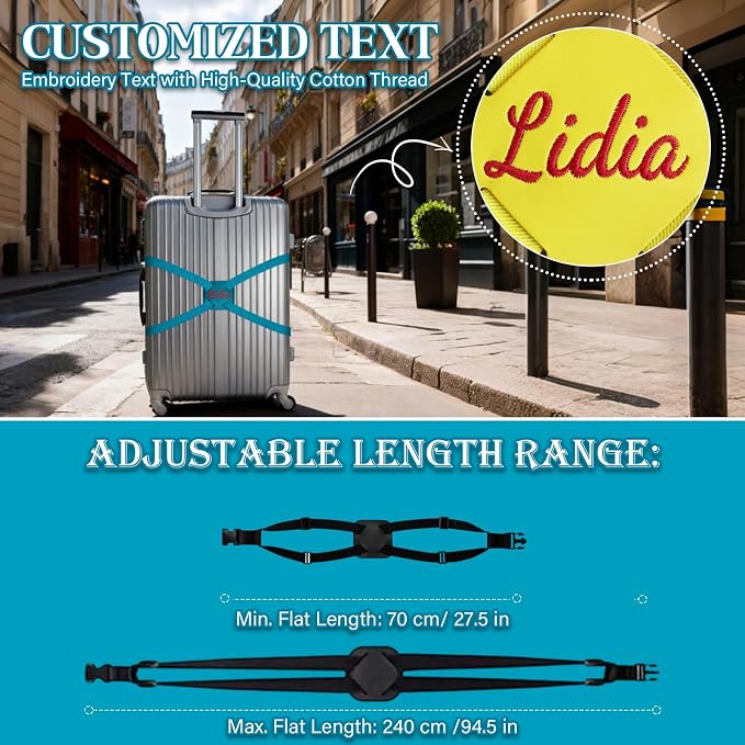 Personalized Luggage Straps Bag Bungee, 10 Pcs Custom Luggage Straps for Suitcases - Add a Bag Securely, Burst-Proof Elastic Travel Strap, High-Vis Luggage Connector Straps Adjustable 28"-95"