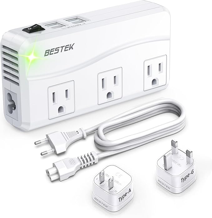 BESTEK Universal Travel Adapter 220V to 110V Voltage Converter with 0-2.4A 4 Port USB Charging and UK/AU/US/EU Worldwide Plug Adapter (White)