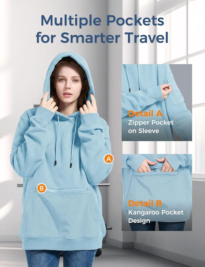 Travel Hoodie with Built-In Eye Mask for Airplane Travel Breathable Comfort Pullover Sweatshirt Multiple Pockets