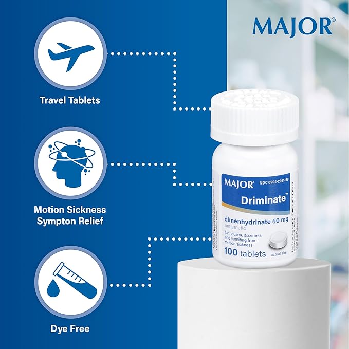 MAJOR Driminate - Dimenhydrinate 50mg Motion Sickness Tablets - Anti-Nausea Medicine - 100 Count (6 Pack)