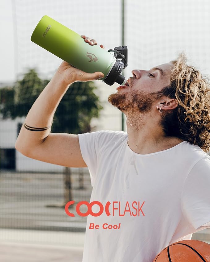 Coolflask Water Bottle 20 oz Insulated with Straw, Stainless Steel Metal 3 Lids Water Flask Wide Mouth for Sports or Office, Non-BPA Keep Cold Up to 48 Hrs or Hot Up to 24 Hrs, Ombre Green