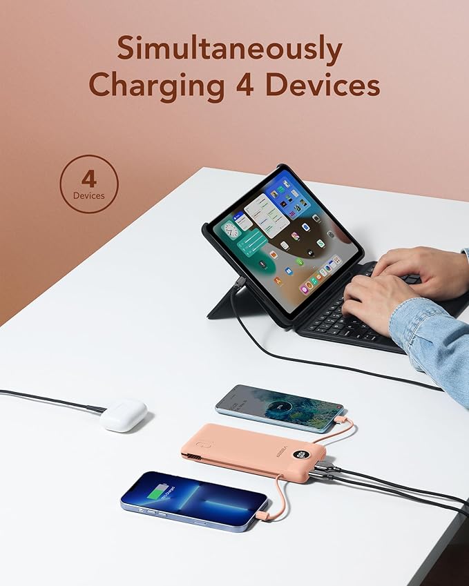 VEGER Portable Charger Power Bank with Built-in AC Plug and Cables, All in One 10000mAh Ultra Slim Travel Essentials, Fast Charging Battery Pack Compatible with iPhone, Samsung, More, Dark Pink