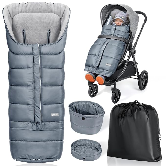 Orzbow Stroller Footmuff Universal - Weather-Proof Bunting Bag for Toddler, Warm Fleece Sleeping Bag for Cold Weather, Easily Attaches to Most Strollers, Baby Boys Girls Winter Essentials, Grey