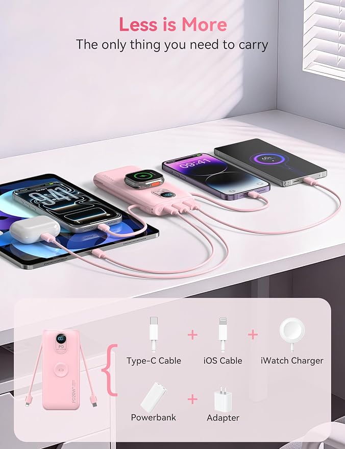Portable Charger, 10000mAh 20W Fast Charging Power Bank with Built in Cables & AC Wall Plug & LED Display, Travel Essentials Battery Pack Powerbank for iPhone, iPad, iWatch, Samsung, Pink