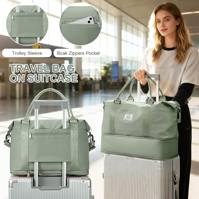 Travel Duffel Bag, 18x14x8 Inches Travel Bag Spirit with Shoes Compartment, Weekender Overnight Bag for Women with Trolley Sleeve, Carry On Bag for Airplanes Sport Tote Gym Bag(BeigeGreen).