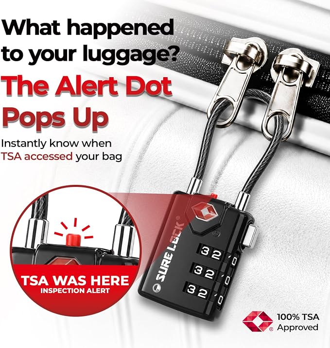 SURE LOCK TSA Approved Luggage Locks with Open Alert Indicator, 3 Digit Combination Cable Travel Lock for Suitcase, Backpack, Gym Locker, Toolbox & Travel Bag（1 Black）