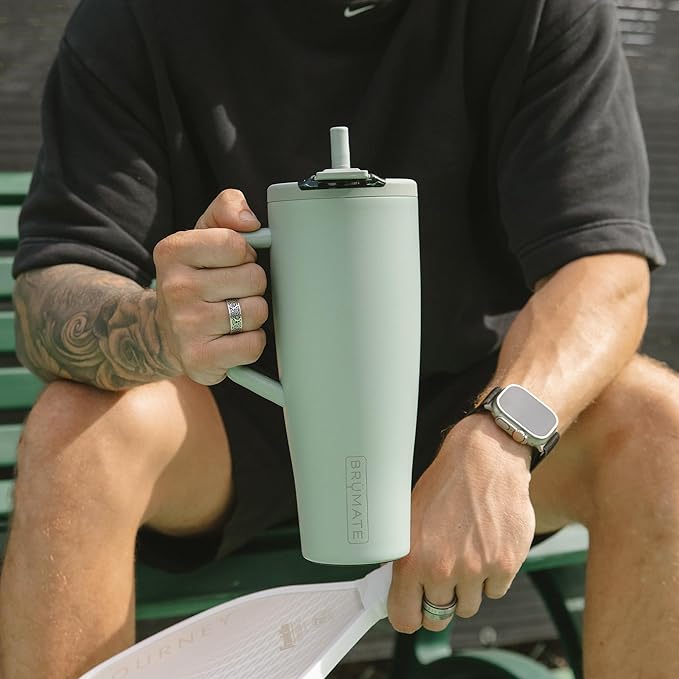 BrüMate Era Flip 40oz Tumbler with 100% Leakproof Covered Straw Lid | Hygienic Covered Straw | Insulated Stainless Steel Water Bottle with Handle | Cup Holder Friendly | BPA-Free (Sage)