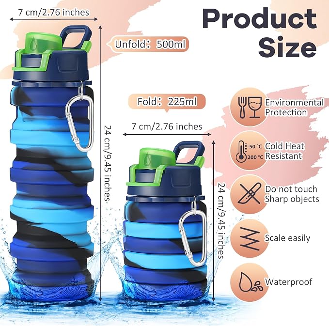 Sunnyray 14 Pack Collapsible Water Bottles Bulk with Hooks 17oz Reusable Leakproof Silicone Sport Foldable Water Bottle for Travel Camping Hiking Cycling Outdoor Party Favors(Dark Color)