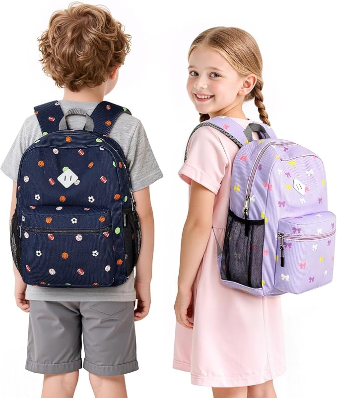 STEAMEDBUN Corduroy Kids Backpack for Girls 3-8, Girls Backpack for Elementary Kindergarten - Purple Bow