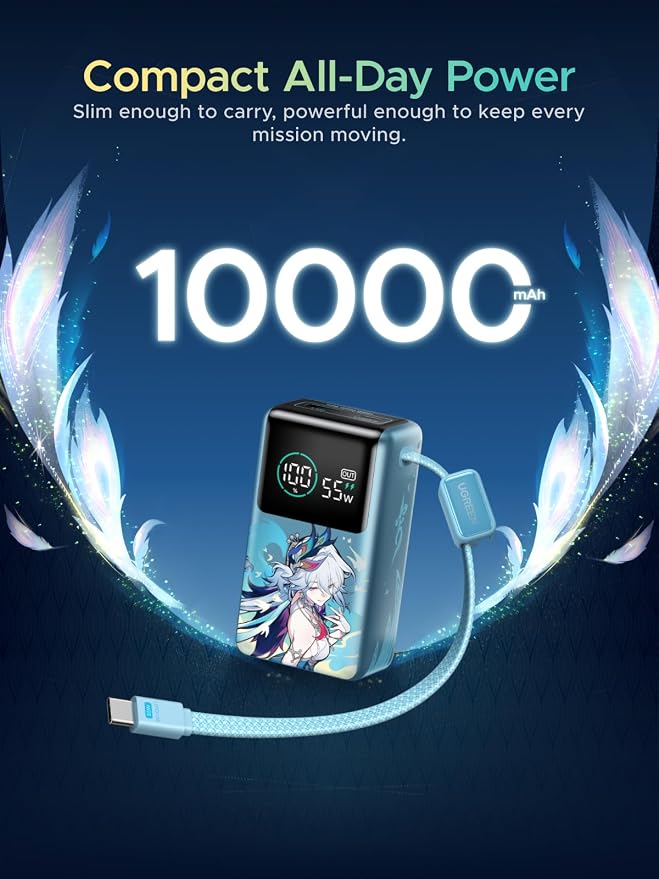 UGREEN x Honkai: Star Rail Edition 10000mAh Power Bank, 55W Portable Charger with Built-in USB-C Cable, 45W Fast Recharge, 3-Port Battery Pack for MacBook Air, iPhone 17, Steam Deck