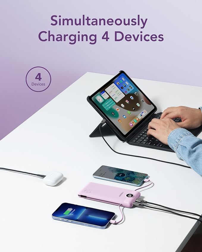 VEGER Portable Charger Power Bank with Built-in AC Plug and Cables, All in One 10000mAh Ultra Slim Travel Essentials, Fast Charging Battery Pack Compatible with iPhone, Samsung, Android, Purple