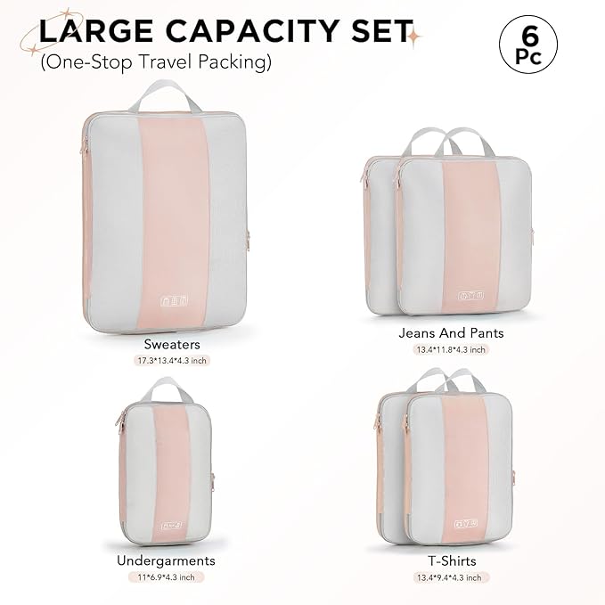 6 Set Compression Packing Cubes for Travel Essentials,Compressible Expandable Packing Cubes for Suitcase,OlarHike Luggage Garment Bags for Travel,Handy Helper for Organizing Clothes(Beige)