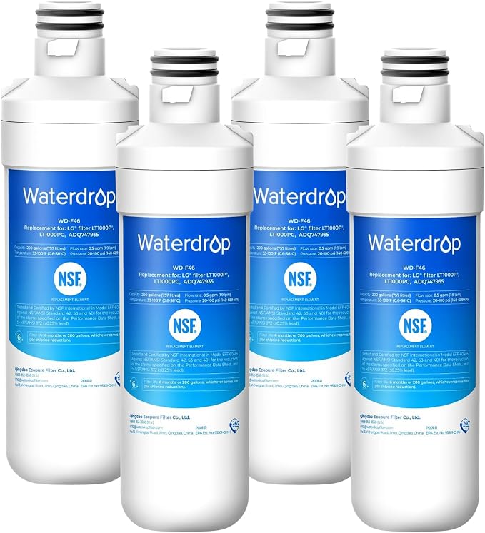 Waterdrop LT1000PC ADQ747935 MDJ64844601 Refrigerator Water Filter, Reduce chlorine, bad taste and odor, Replacement for LG® LT1000P®, ADQ74793501, ADQ74793502, Kenmore 46-9980, Pack of 4
