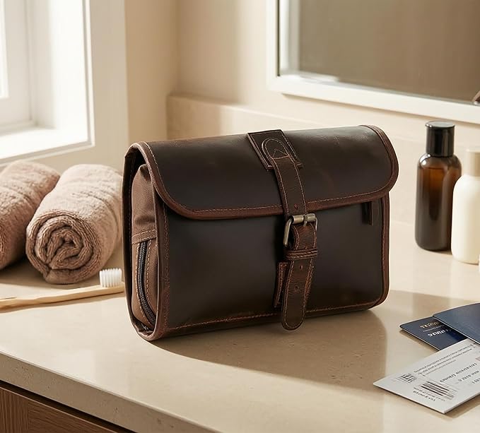 RUSTIC TOWN Leather Hanging Toiletry Bag for Men - Travel Shaving Dopp Kit - Bathroom Shower Toiletries Organizer - Leather Makeup Cosmetic Bag for Women