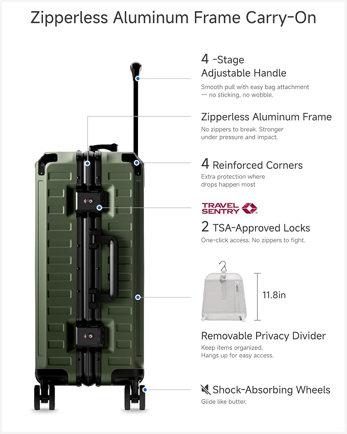 LUGGEX Carry On Luggage with Spinner Wheels, 8010S Aluminum Frame Zipperless Polycarbonate Hard Shell Suitcase (ZX-Core, Green, 21 Inch)