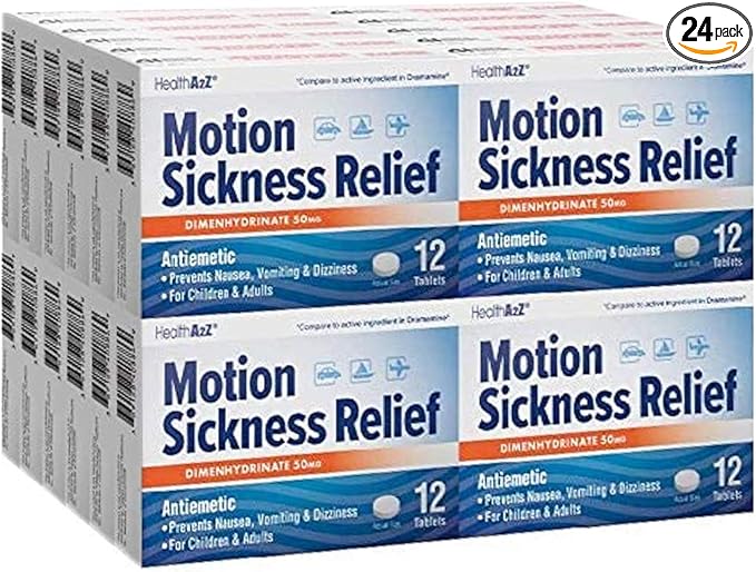 HealthA2Z® Motion Sickness Relief | Dimenhydrinate 50mg | Antiemetic | Prevents Nausea, Vomiting & Dizziness | for Children & Adults | 24 Packs of 12 Tablets Each (288 Tablets Total) | Value Pack