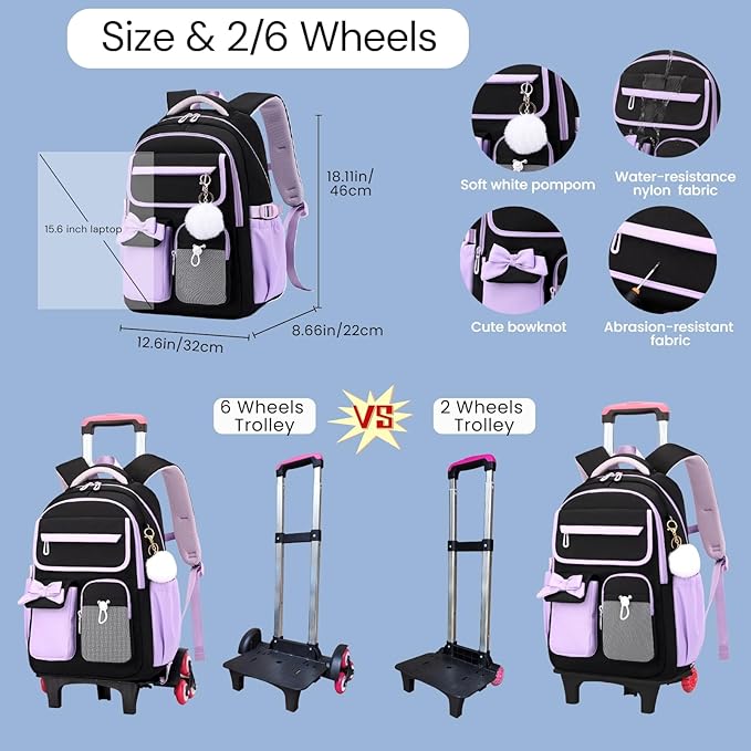 Purple School Backpack with Wheels for Girls Wheeled Bookbags Kids Rolling Backpack for Girls Trolley School Bag, Purple 2 Wheels