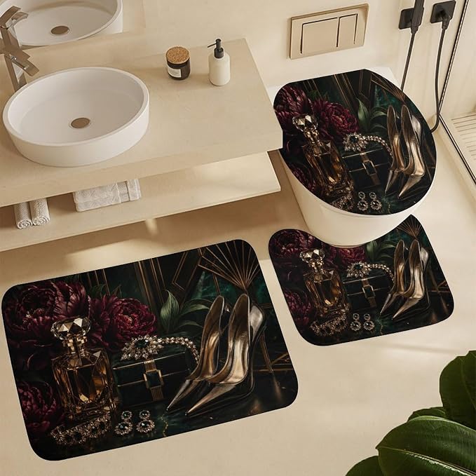 Luxury Perfume Jewelry and Heels Bathroom Rug Set 4 Piece with Shower Curtain Non Slip Bath Mat Set Microfiber Bathroom Decor Toilet Lid Cover U Shape Rug Waterproof Bathroom Accessories