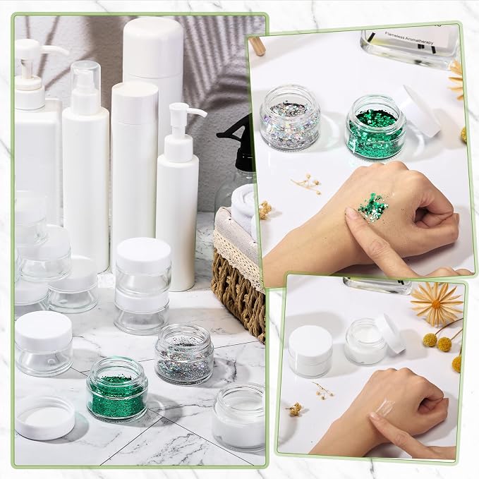Domensi 100 Pcs 1oz Glass Jars with Lids Bulk Small Glass Salve Tins Cream Container Cosmetic Jars for Travel Balm with Inner Liners for Sample Cream (Clear,White Lid,Plastic Lid)