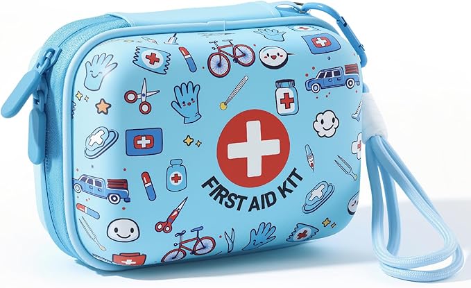 Mini First Aid Kit for Kids - 160 Pcs Water-Resistant Hard Shell Compact Emergency Kit for Travel, Home, School, Car, Camping & Hiking - Portable with Elastic Fabric Band-Aids