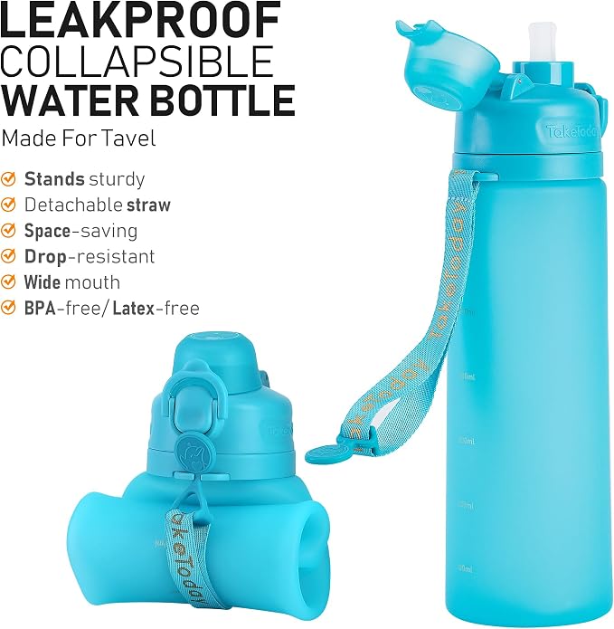 TakeToday Collapsible Water Bottles 32oz Blue and 20oz Blue, Foldable Travel Water Bottle with Strap, BPA Free, Silicone Water Bottle Leakproof for Hiking, International Travel, Outdoors