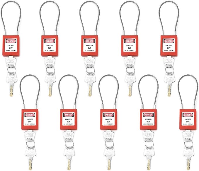 QWORK Lockout Tagout Steel Cable Locks, 10 Pack Compact Cable Padlock with 20 Keys, Red Keyed Different Electrical Lockout Padlock Set