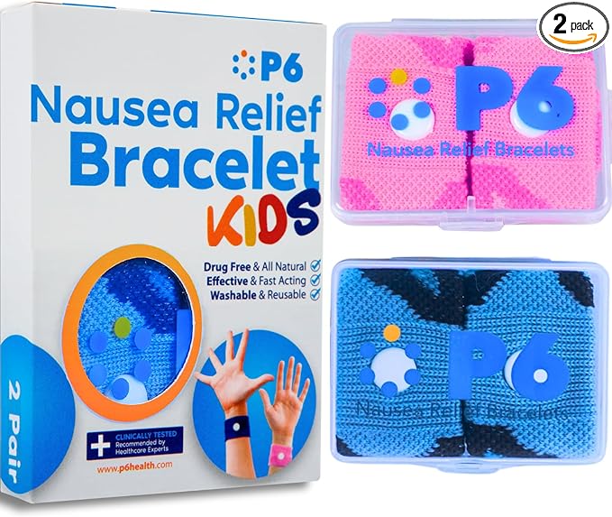 P6 Motion Sickness Bands for Kids Children’s Wristbands for Anti Nausea Sea Cruise Travel Car Sickness All-Natural Non Drowsy Relief Acupressure Treatment (2 Pack, Pink - Blue)