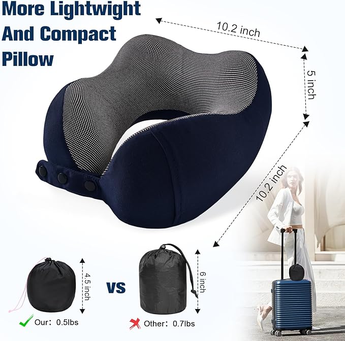 Cirorld Neck Pillow for Traveling, Travel Pillows for Airplanes,100% Pure Memory Foam Travel Neck Pillow, Adjustable Flight Pillow, Portable Plane Accessories with Eye Mask, Earplugs, Carry Bag