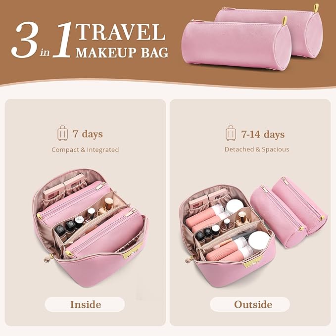 Travel Makeup Bag for Women: 3-in-1 Large Capacity Cosmetics Organizer with 2 Detachable Pouch - Vegan Leather Flat Open Toiletry Bag - Travel Essentials for Full-Sized Bottles(02-Pink)