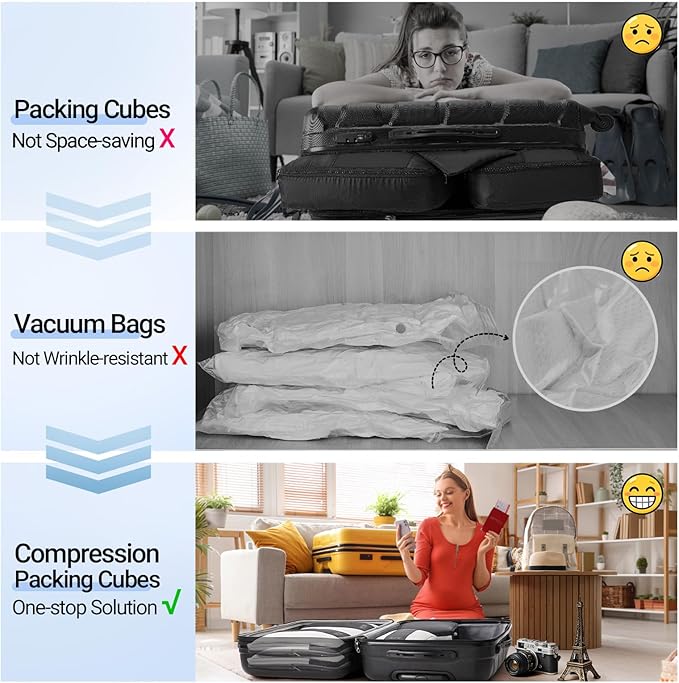 8 Set Compression Packing Cubes for Travel Essentials,Compressible Expandable Packing Cubes for Suitcase,OlarHike Luggage Garment Bags for Travel,Handy Helper for Organizing Clothes(Black)