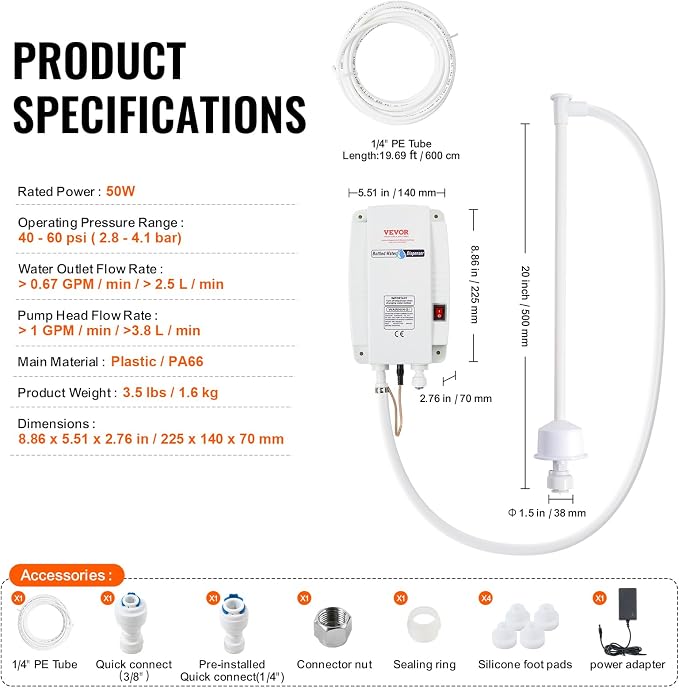 VEVOR Bottled Water Dispenser Pump System, 5 Gallon Dispensing System, Automatic Electric Water Dispenser, Single Inlet Water Jug Pump, Compatible Use with Coffee/Tea Machine, Refrigerator, Ice Maker