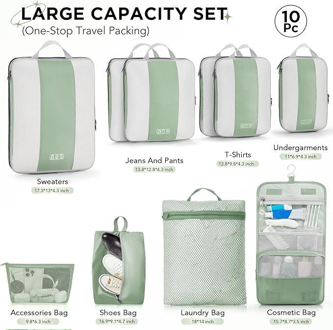 10 Set Compression Packing Cubes for Travel Essentials,Compressible Expandable Packing Cubes for Suitcase,OlarHike Luggage Garment Bags for Travel,Handy Helper for Organizing Clothes(Matcha Green)