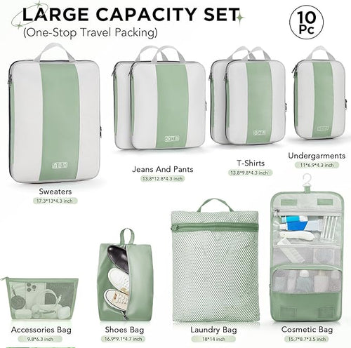 10 Set Compression Packing Cubes for Travel Essentials,Compressible Expandable Packing Cubes for Suitcase,OlarHike Luggage Garment Bags for Travel,Handy Helper for Organizing Clothes(Matcha Green)