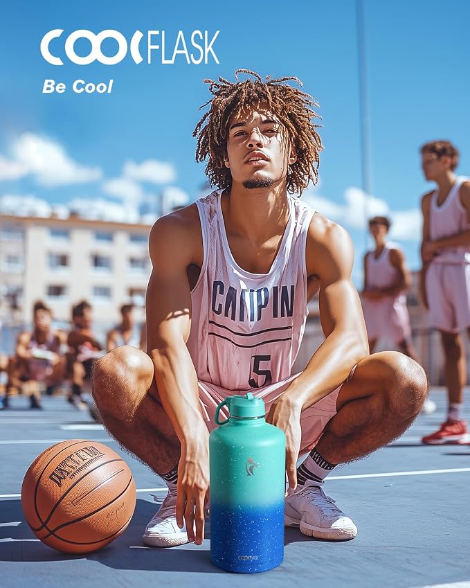 Coolflask 128 oz Gallon Water Bottle Insulated with Straw&3 Lids, Water Jug Large Stainless Steel Metal Vacuum Wide Mouth for Sports, Gym or Office, Non-BPA Keep Cold 48H Hot 24H, Glacier Blue