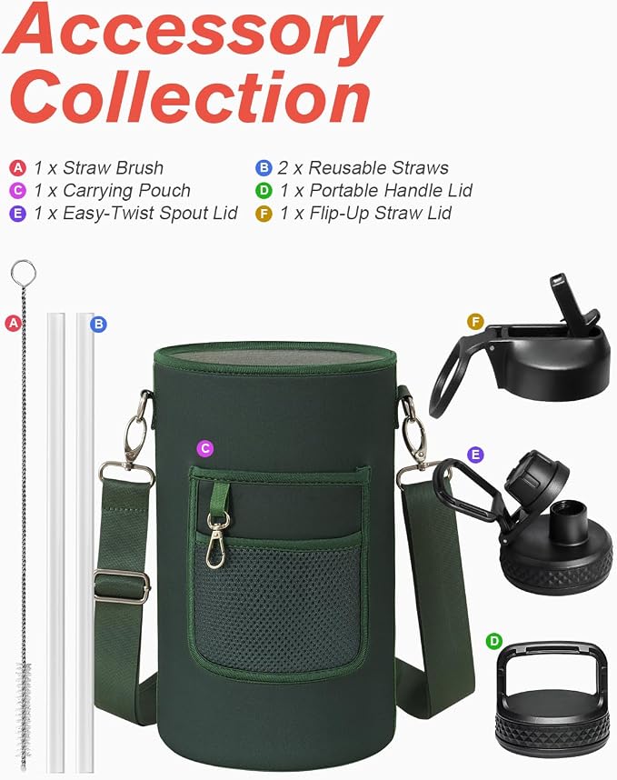 Coolflask 128 oz Gallon Water Bottle Insulated with Straw&3 Lids, Water Jug Large Stainless Steel Metal Vacuum Wide Mouth for Sports, Gym or Office, Non-BPA Keep Cold 48H Hot 24H, Dark Green