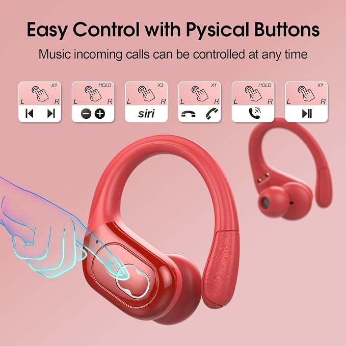 Wireless Earbuds 75hrs Bluetooth 5.4 Headphone Sport, 2026 Bluetooth Earbuds Stereo Deep Bass Over Ear Bud with Earhooks, ENC Noise Cancelling Mic, IPX7 Waterproof Earphone for Gym/Workout/Run, Red