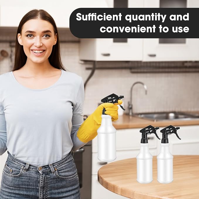 meekoo 12 Pcs 32 oz Plastic Spray Bottles Heavy Duty Spraying Leak Proof Mist Empty Water Bottle for Pets Cleaning Solutions Planting Spray Alcohol with Label Adjustable Nozzle (Black)