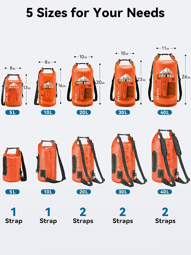 HEETA Dry Bag Waterproof for Women Men, 5L/10L/20L/30L/40L Roll Top Lightweight Dry Storage Bag Backpack with Phone Case for Travel Swimming Boating Kayaking Paddle Board Camping Beach Accessories