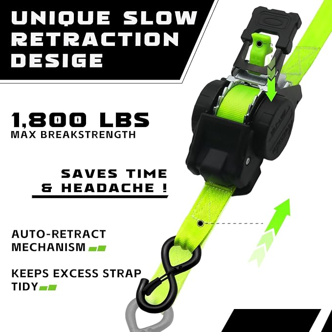 Retractable Ratchet Straps 1" x 13Ft, Heavy Duty Self Retracting Tie Down Straps, 1800lb Break Strength Auto Retract Cargo Straps for Truck, Trailer, Motorcycle, ATV, UTV, (Fluorescent Green, 2 Pack)