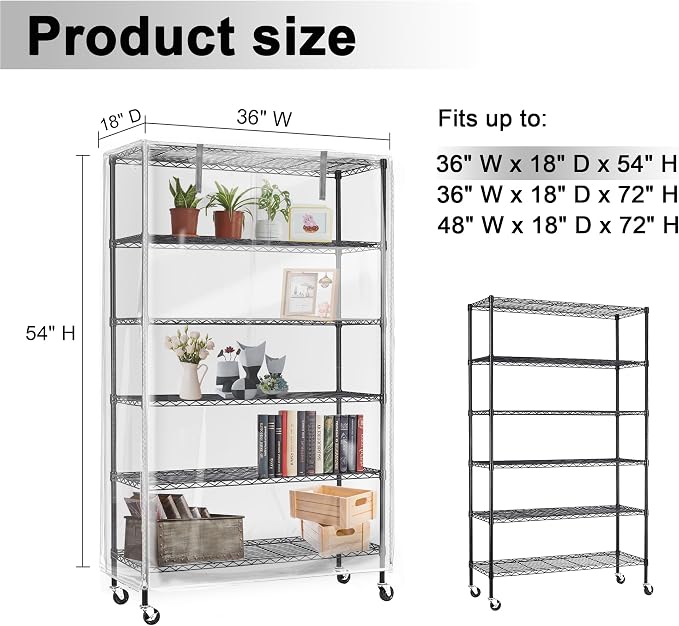 Clear PVC Shelf Cover – Fully Visible Waterproof Wire Rack Protector with Zipper, 36" W x 18" D x 54" H, Cover Only
