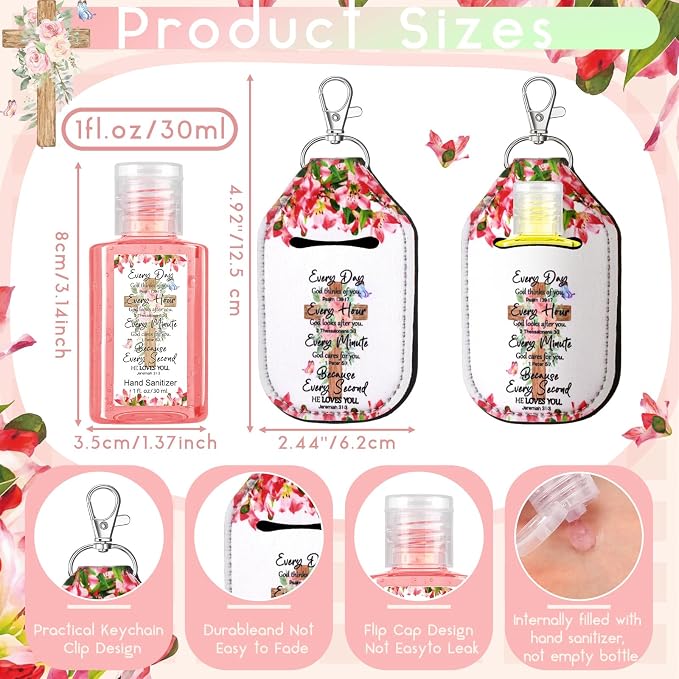 Frienda 24 Pcs Christian Scented Hand Sanitizer and 24 Keychain Holders Gifts Set for Women 1oz Bible Verse Religious Gift Christian Party Favor for Church Pastor Prayer Mother's Day Appreciation Gift